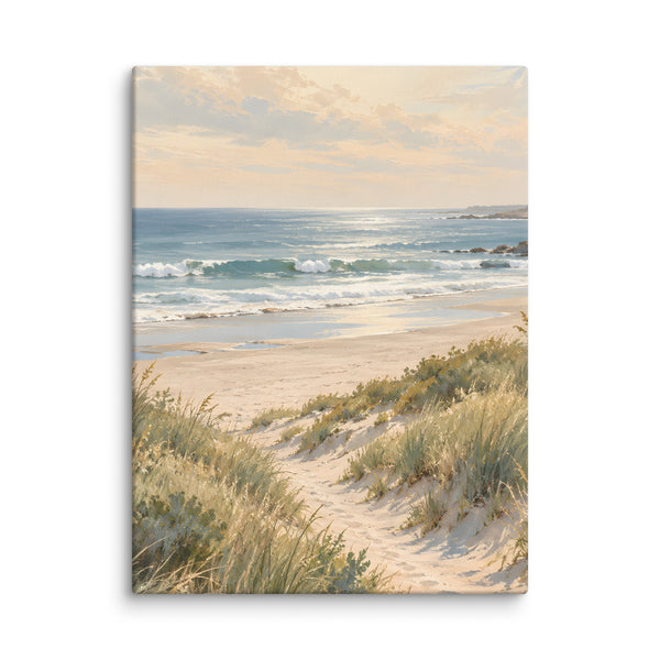 Quiet Tide canvas print, 12 × 16 inches, showing sandy dunes and muted blue sea