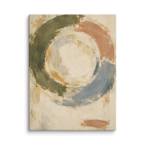 Quiet Orbit canvas print, 24 × 32 inches, showing layered circular forms in olive, blue, clay and ivory