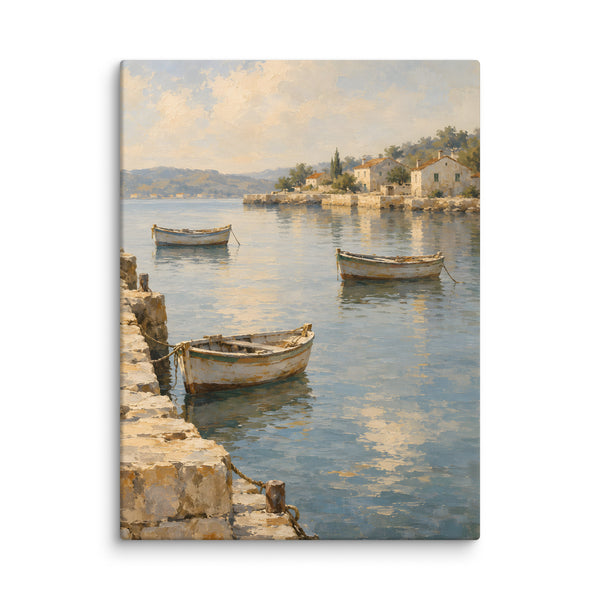 Harbor Stillness canvas print, 24 × 32 inches, depicting wooden boats on calm water beside a Mediterranean village.