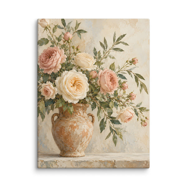 Rosewood Bloom canvas print, 24 × 32 inches, depicting blush and ivory roses in a rustic terracotta vessel.