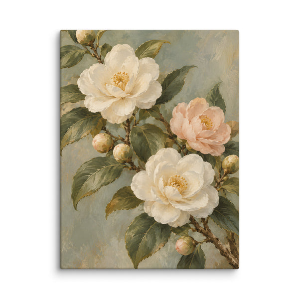 Camellia Light canvas print, 24 × 32 inches, depicting ivory and blush camellias with rich olive foliage.