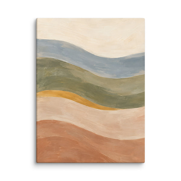 Soft Tides canvas print, 24 × 32 inches, depicting layered abstract waves in dusty blue, olive and warm clay.