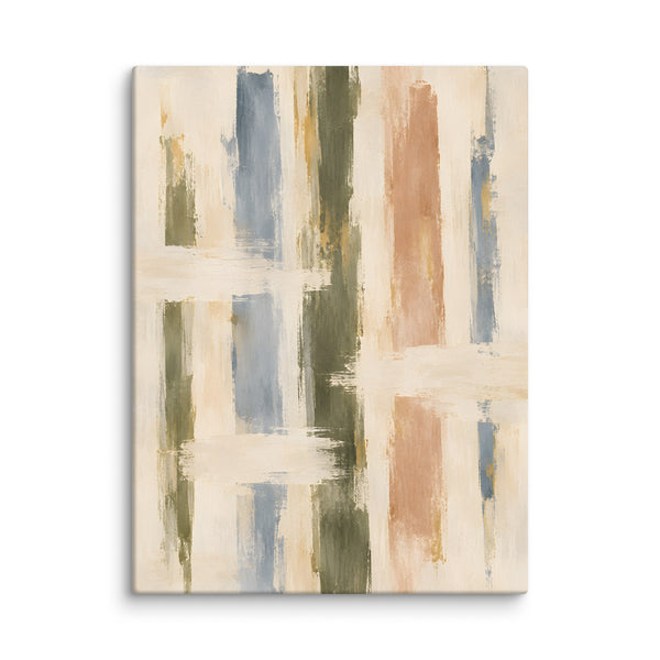 Quiet Intervals canvas print, 24 × 32 inches, depicting textured vertical strokes in olive, dusty blue, clay and ivory.