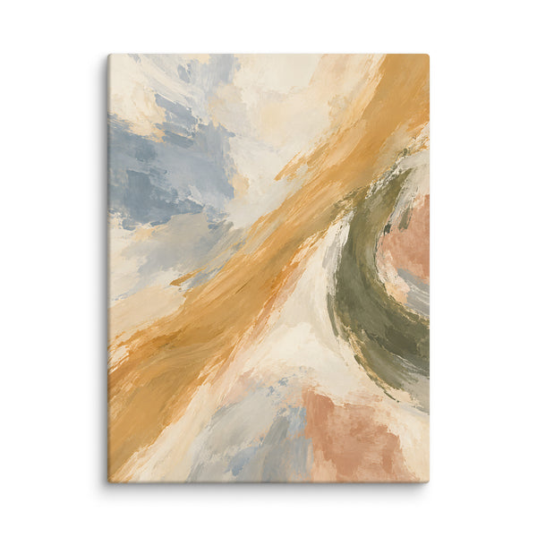 Ochre Drift canvas print, 24 × 32 inches, depicting gestural strokes in golden ochre, dusty blue and olive.