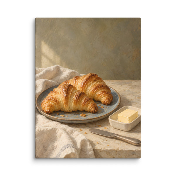 Golden Morning Croissants canvas print, 24 × 32 inches, showing golden croissants, butter and a blue ceramic plate