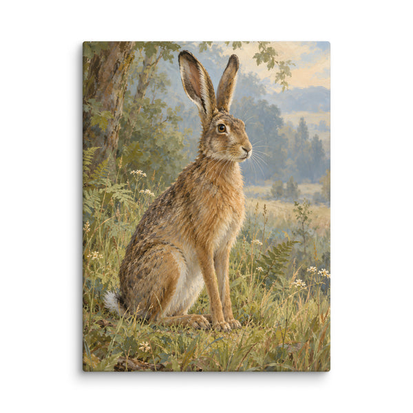 Hare at the Woodland Edge canvas print, 24 × 32 inches, showing a woodland hare among soft grasses
