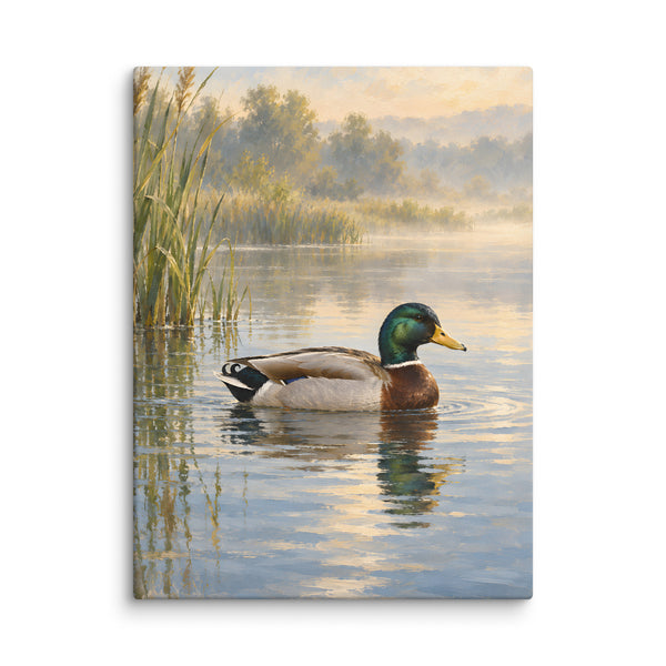 Mallard on Still Morning Water canvas print, 24 × 32 inches, showing a mallard on soft morning water