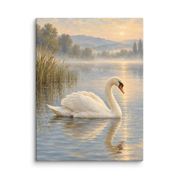 Swan on Quiet Water canvas print, 24 × 32 inches, showing a white swan on tranquil water