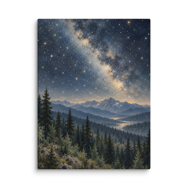 Starlight Over the Pine Valley canvas print, 24 × 32 inches, featuring a star-filled sky over pine forests