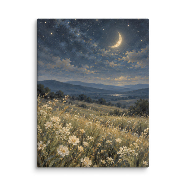 Starry Meadow Beneath a Golden Crescent canvas print, 24 × 32 inches, featuring a crescent above a wildflower meadow