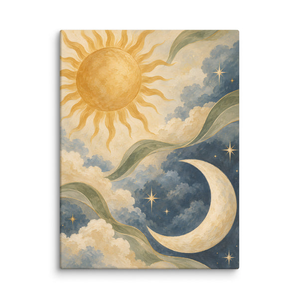 Sun and Crescent in Soft Tones canvas print, 24 × 32 inches, featuring a golden sun and ivory crescent