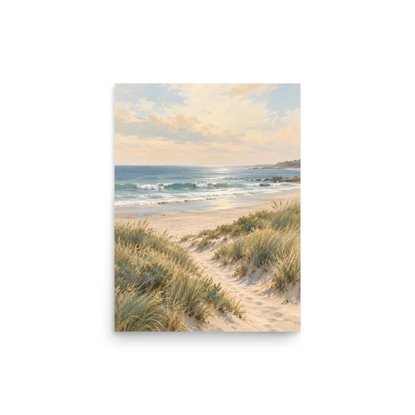 Quiet Tide matte poster, 12 × 16 inches, showing sandy dunes and muted blue sea