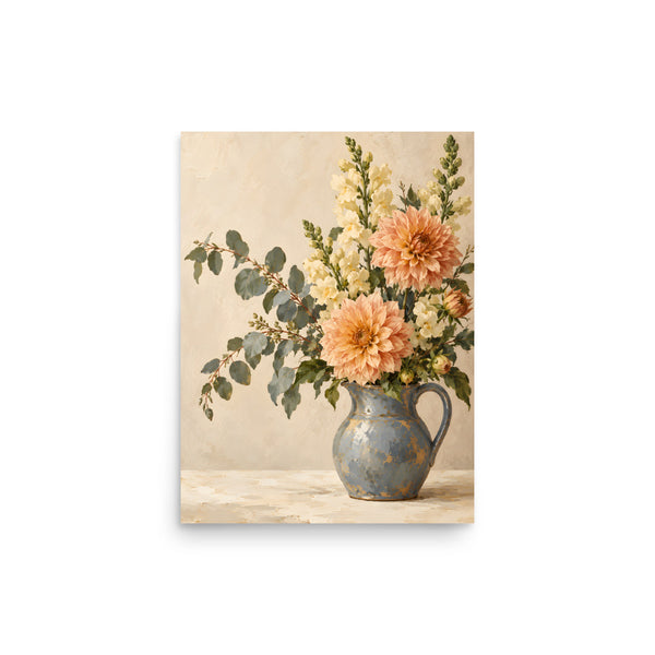 Apricot Reverie matte poster, 12 × 16 inches, showing apricot dahlias and ivory flowers in a blue pitcher