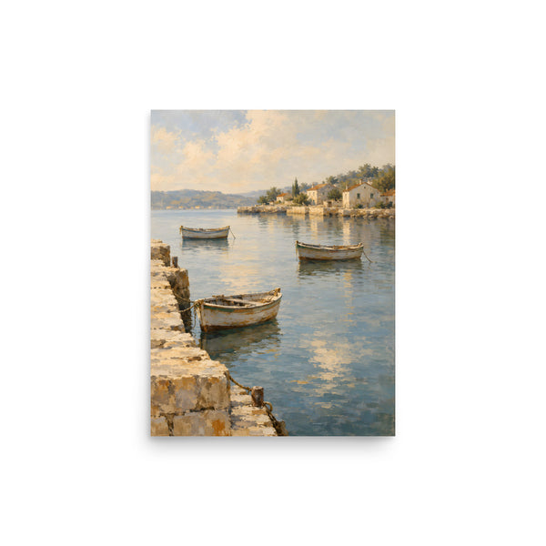 Harbor Stillness matte poster, 12 × 16 inches, depicting wooden boats on calm water beside a Mediterranean village.