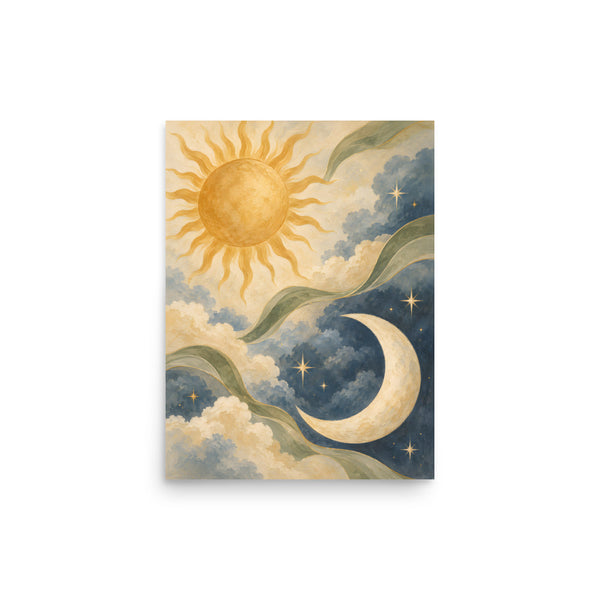 Sun and Crescent in Soft Tones matte poster, 12 × 16 inches, featuring a golden sun and ivory crescent