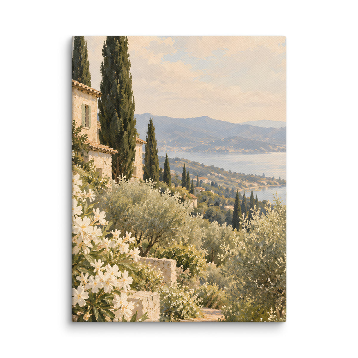 Golden Stillness canvas print, 12 × 16 inches, showing a Mediterranean villa, cypress trees and blue water