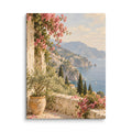 Amalfi Bloom canvas print, 12 × 16 inches, showing a sunny terrace, bougainvillea and blue sea