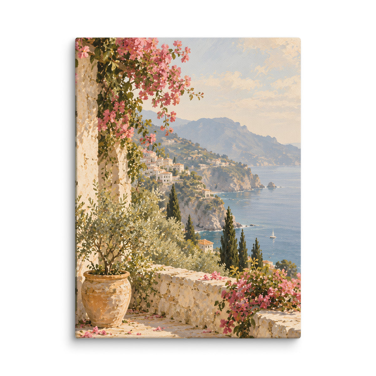 Amalfi Bloom canvas print, 12 × 16 inches, showing a sunny terrace, bougainvillea and blue sea