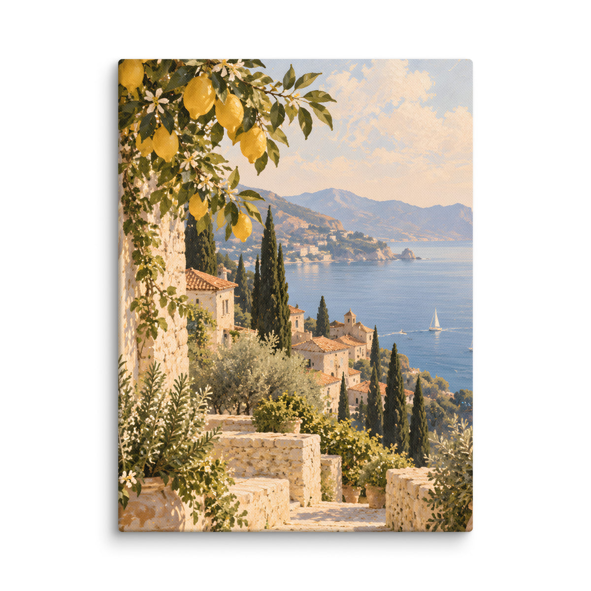 Lemon Coast canvas print, 12 × 16 inches, showing lemon branches, white walls and a calm blue sea