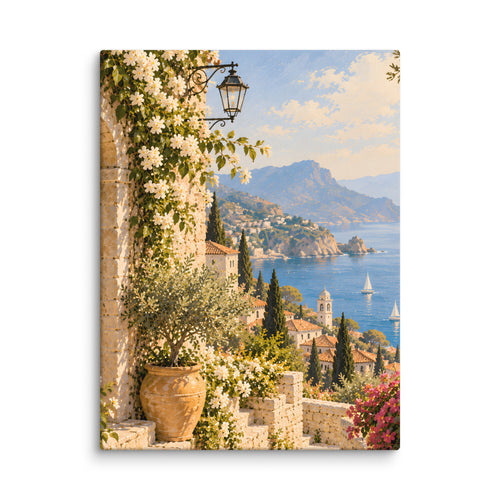 Azure Passage canvas print, 12 × 16 inches, showing a stone walkway, flowering vines and a blue-green door