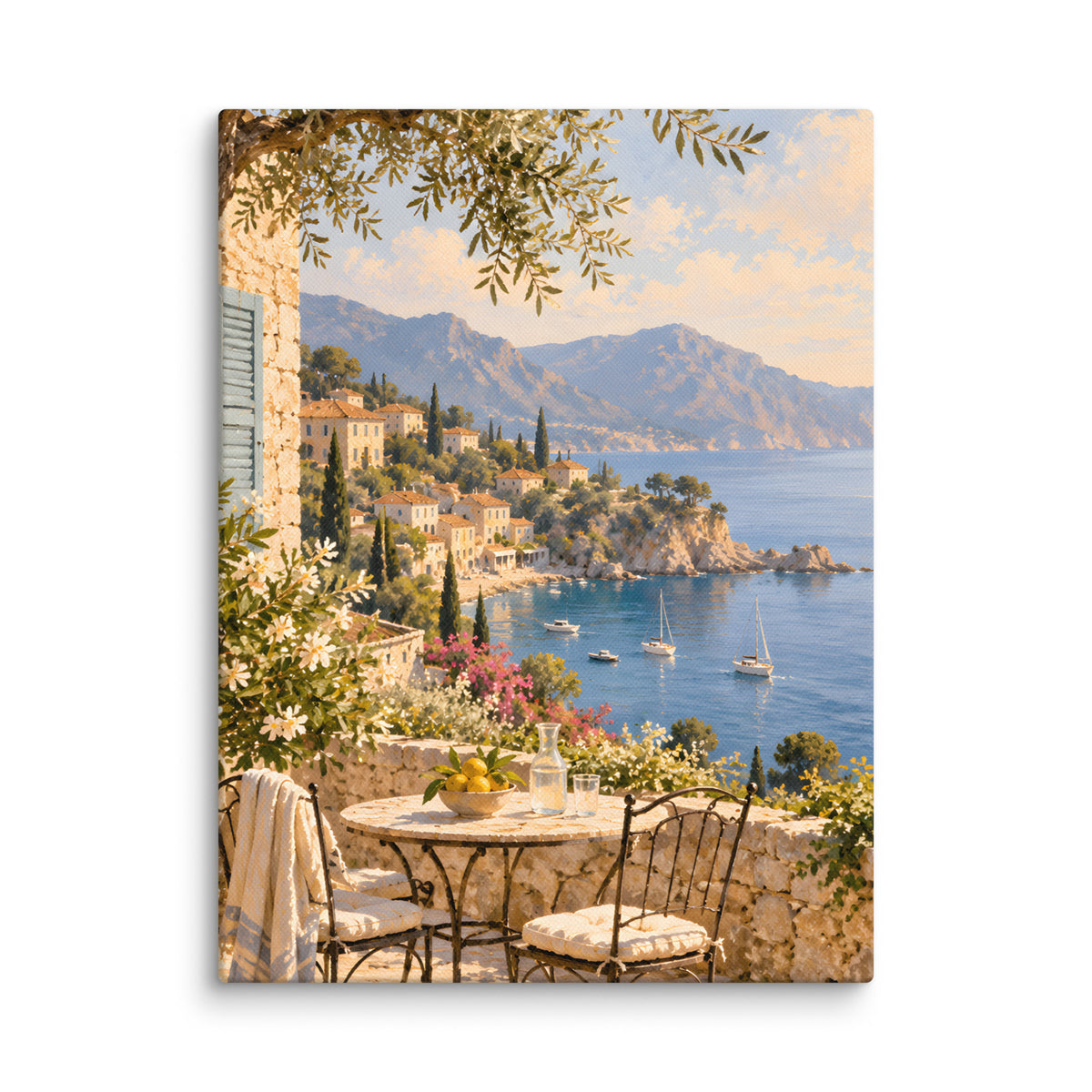 Olive Bay canvas print, 12 × 16 inches, showing an olive tree and stone terrace overlooking a blue bay
