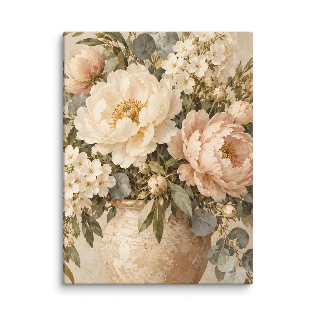 Ivory Garden canvas print, 12 × 16 inches, showing ivory and blush flowers in a ceramic vase