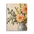 Apricot Reverie canvas print, 12 × 16 inches, showing apricot dahlias and ivory flowers in a blue pitcher