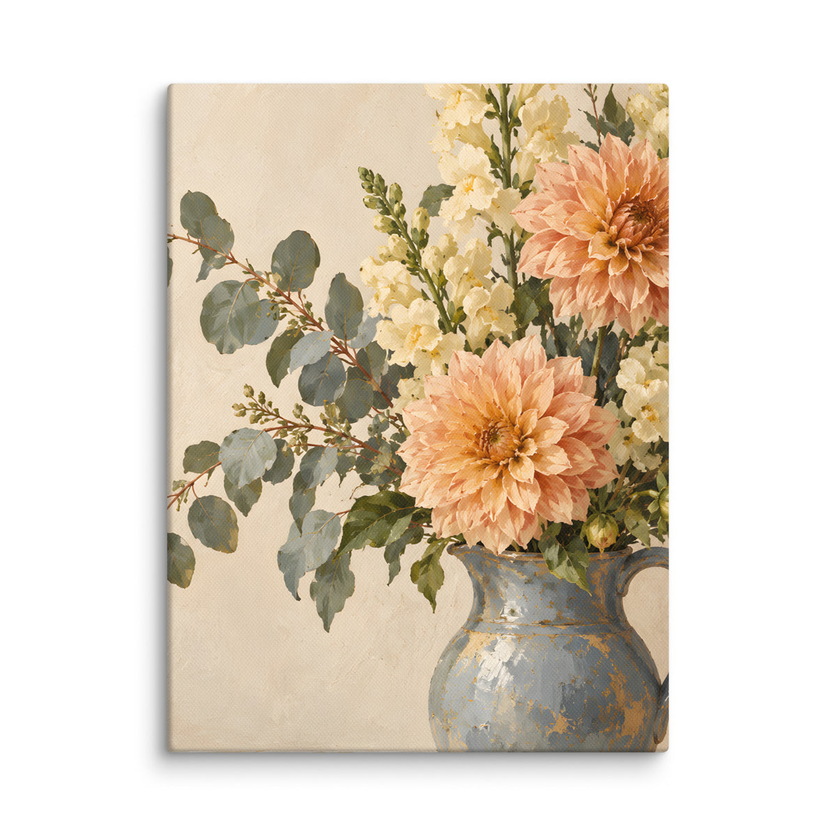 Apricot Reverie canvas print, 12 × 16 inches, showing apricot dahlias and ivory flowers in a blue pitcher