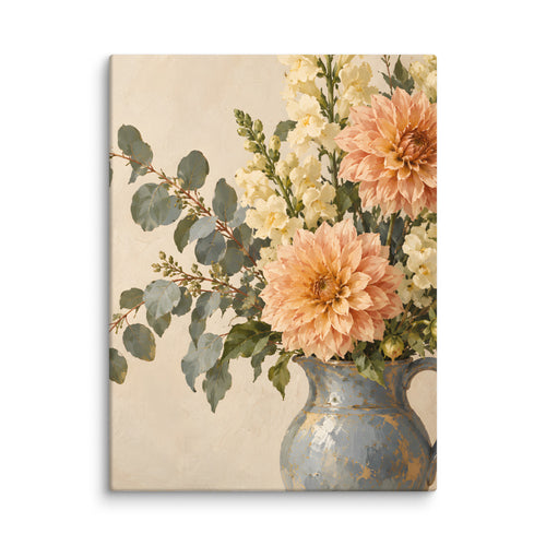 Apricot Reverie canvas print, 12 × 16 inches, showing apricot dahlias and ivory flowers in a blue pitcher