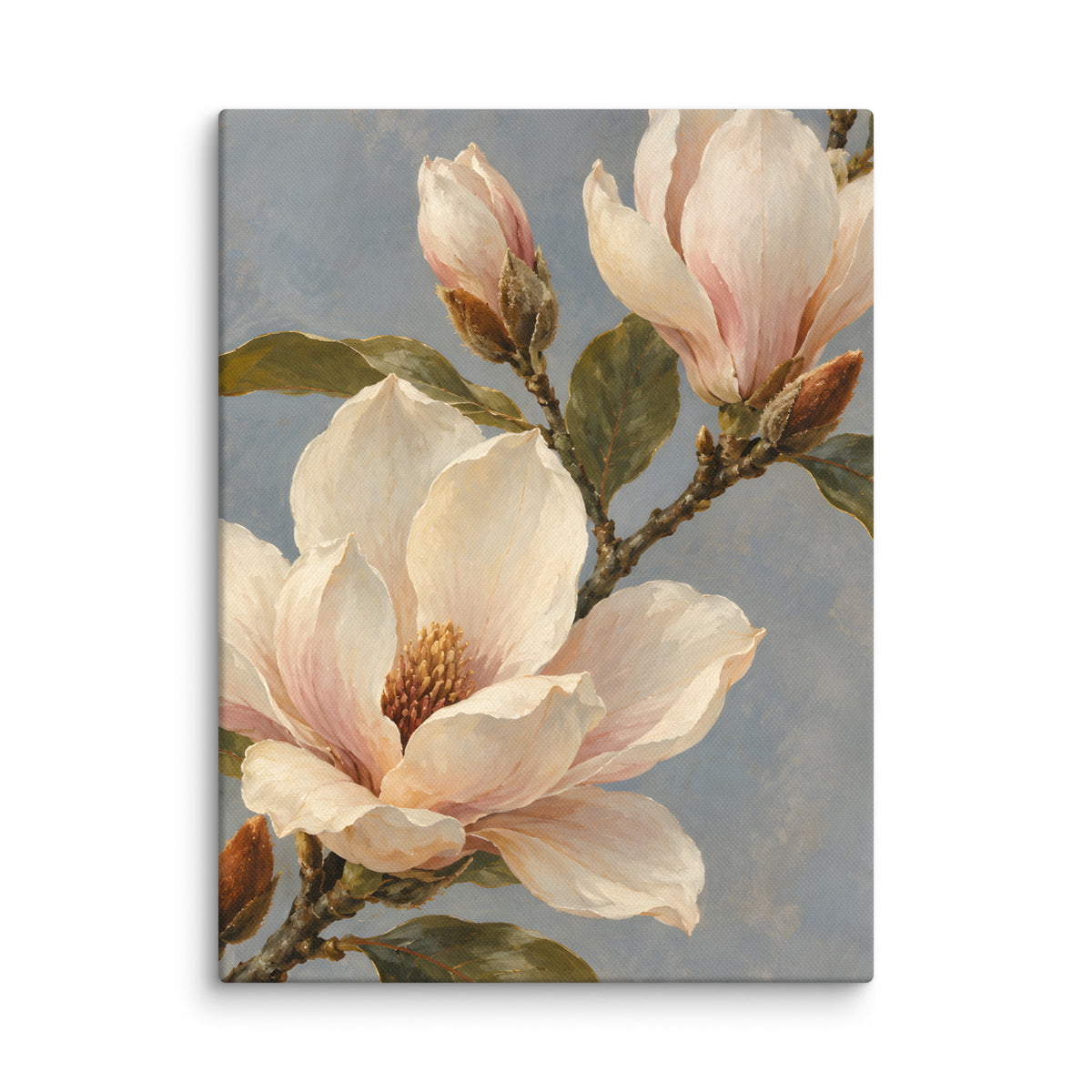 Magnolia Drift canvas print, 12 × 16 inches, showing ivory magnolia blossoms against dusty blue