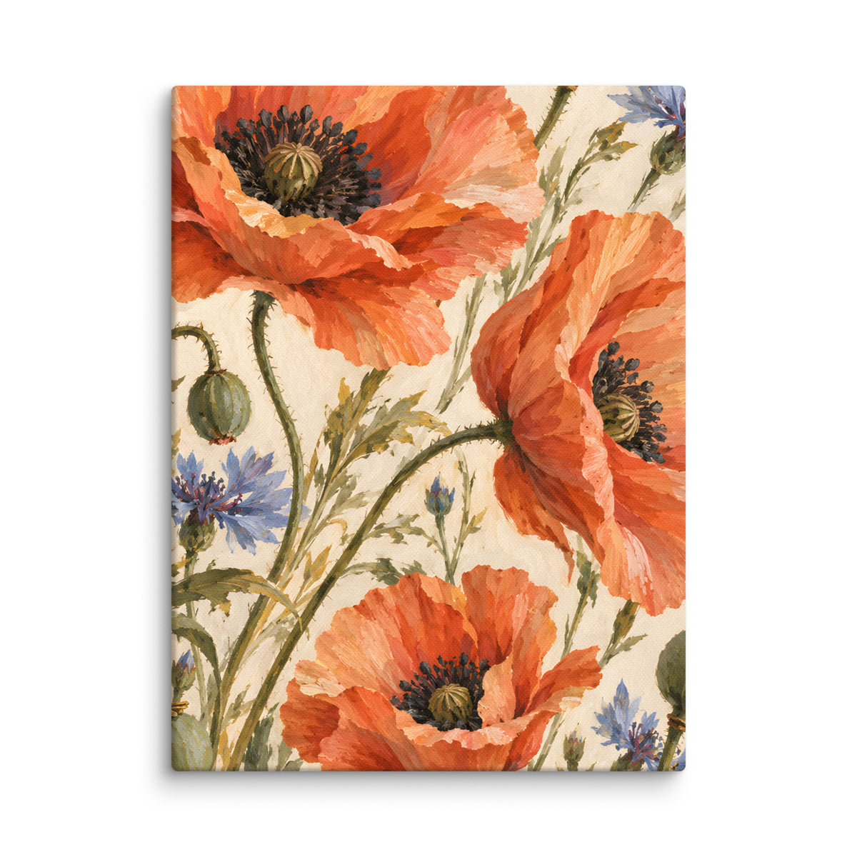 Terracotta Meadow canvas print, 12 × 16 inches, showing terracotta poppies and delicate blue cornflowers