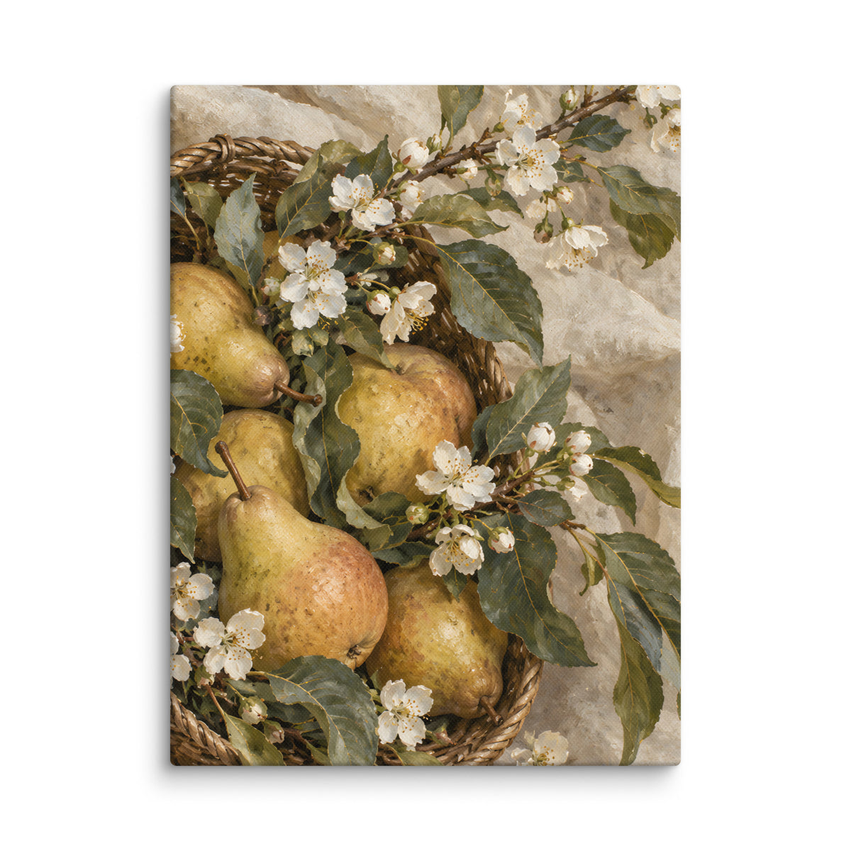 Golden Orchard canvas print, 12 × 16 inches, showing golden pears and white blossoms in a woven basket