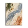 Quiet Current canvas print, 12 × 16 inches, showing flowing strokes in blue, olive, clay and ivory