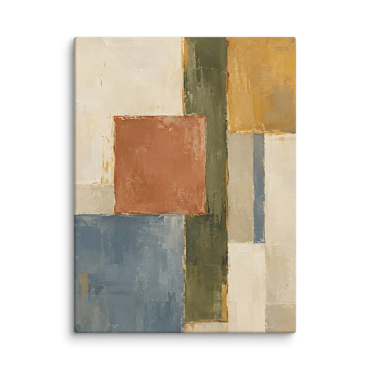 Structured Earth canvas print, 12 × 16 inches, showing geometric blocks in ochre, terracotta, olive and blue