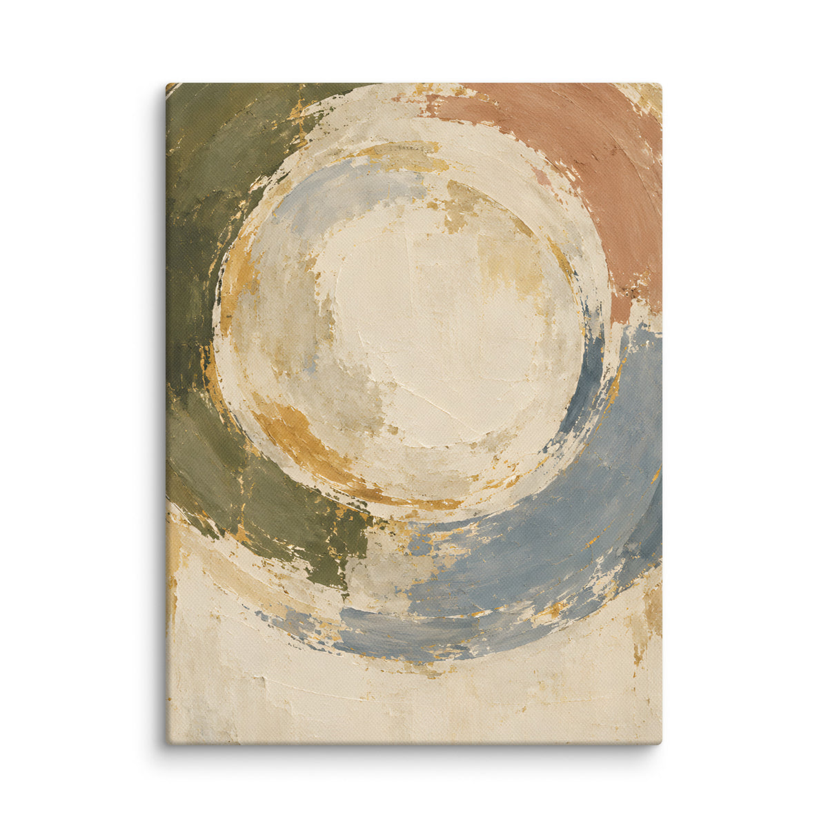Quiet Orbit canvas print, 12 × 16 inches, showing layered circular forms in olive, blue, clay and ivory