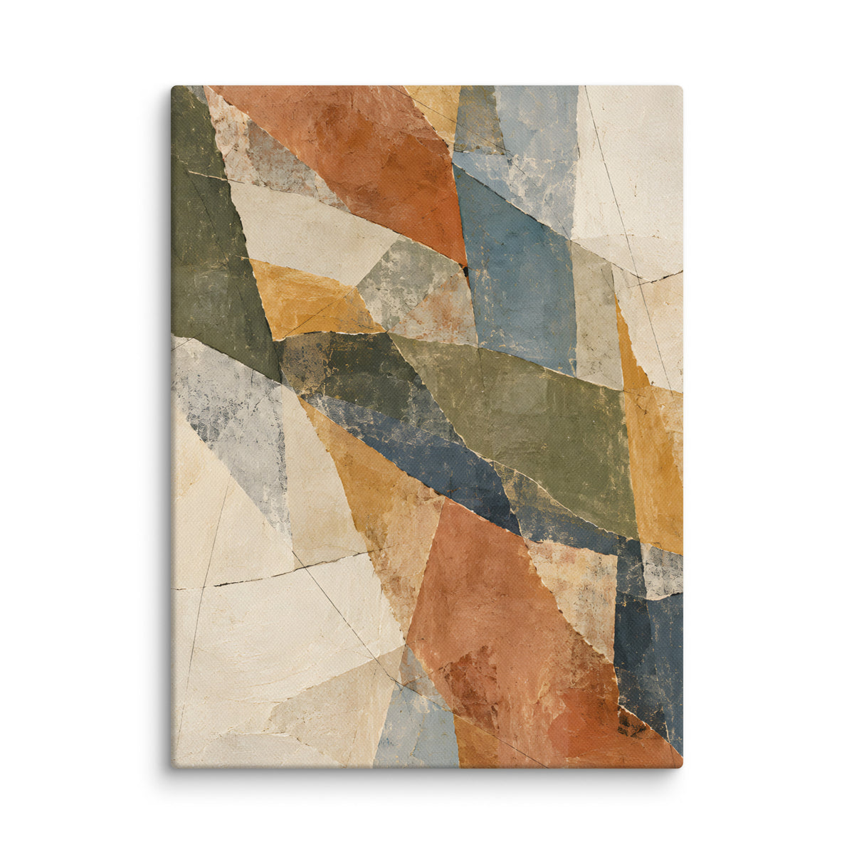 Fragmented Horizon canvas print, 12 × 16 inches, showing intersecting geometric forms in earthy muted colors