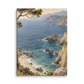 Cove of Pines canvas print, 12 × 16 inches, depicting a wind-bent pine above a turquoise Mediterranean cove.