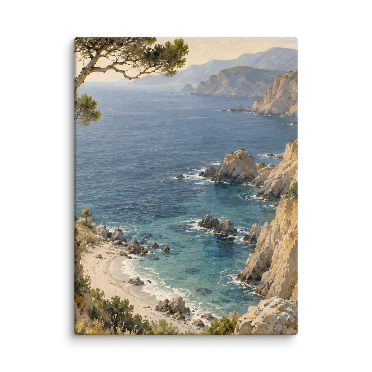 Cove of Pines canvas print, 12 × 16 inches, depicting a wind-bent pine above a turquoise Mediterranean cove.