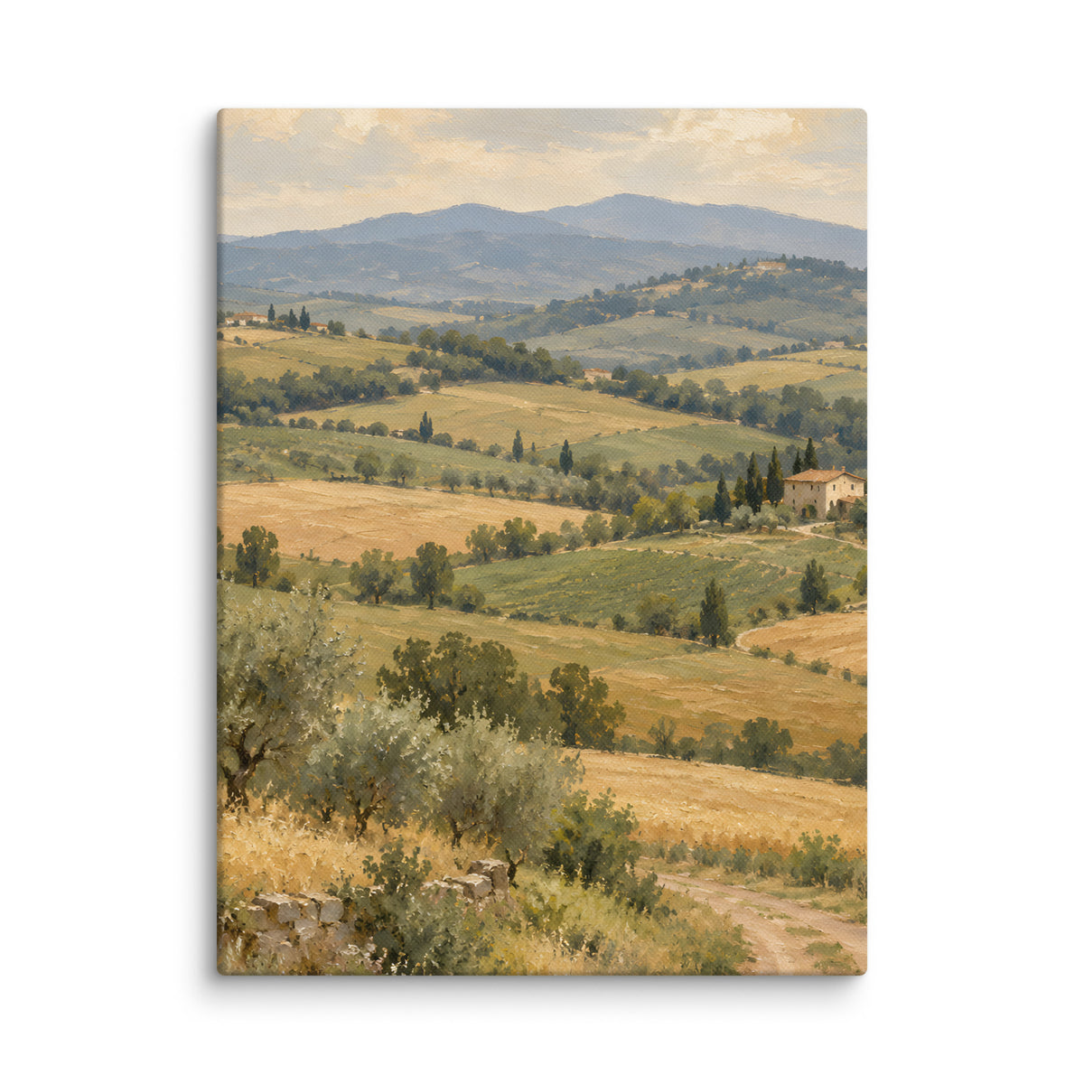 Tuscan Quiet canvas print, 12 × 16 inches, depicting rolling Tuscan fields, cypress trees and a distant farmhouse.
