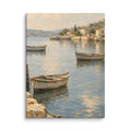 Harbor Stillness canvas print, 12 × 16 inches, depicting wooden boats on calm water beside a Mediterranean village.