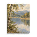 Birchwater Calm canvas print, 12 × 16 inches, depicting birch trees framing a quiet lake and golden foliage.