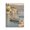 Harbor Hush canvas print, 12 × 16 inches, depicting fishing boats, blue water and sun-washed harbor houses.