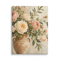 Rosewood Bloom canvas print, 12 × 16 inches, depicting blush and ivory roses in a rustic terracotta vessel.