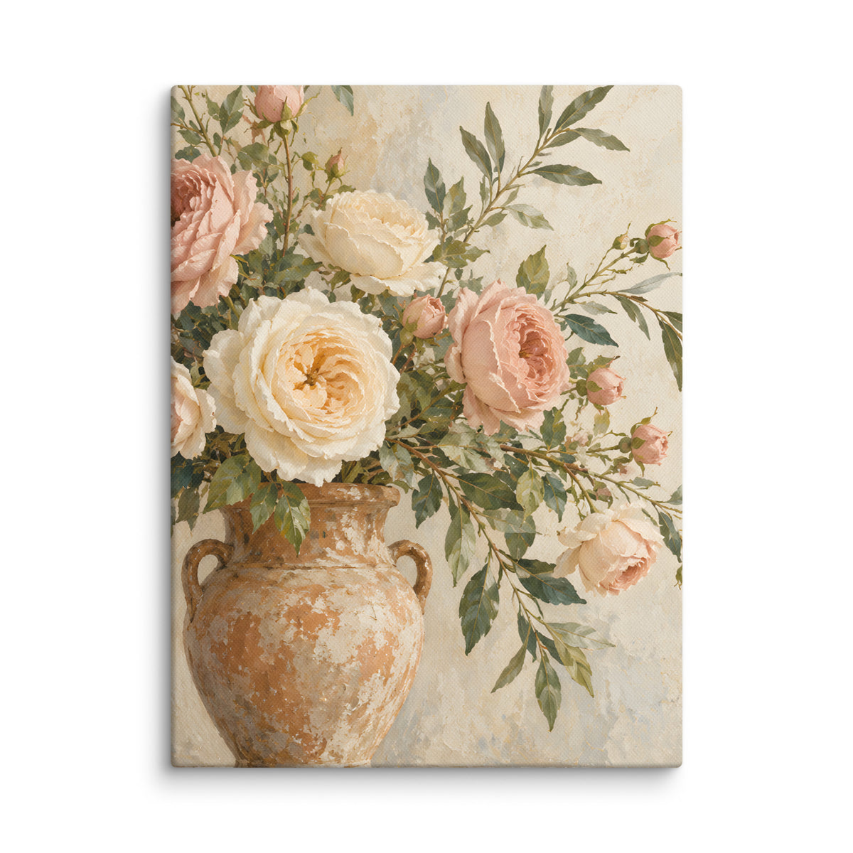 Rosewood Bloom canvas print, 12 × 16 inches, depicting blush and ivory roses in a rustic terracotta vessel.