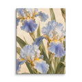 Iris at Dawn canvas print, 12 × 16 inches, depicting blue-violet irises, ivory petals and olive-toned leaves.