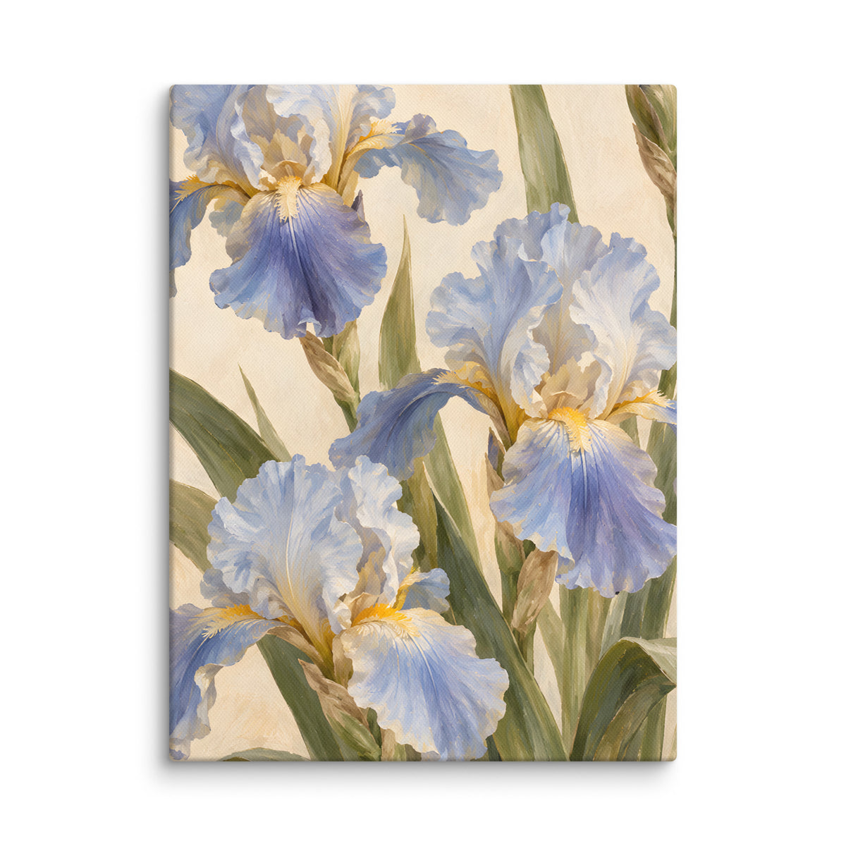 Iris at Dawn canvas print, 12 × 16 inches, depicting blue-violet irises, ivory petals and olive-toned leaves.