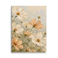 Cosmos Whisper canvas print, 12 × 16 inches, depicting ivory and apricot cosmos flowers against a soft cream background.