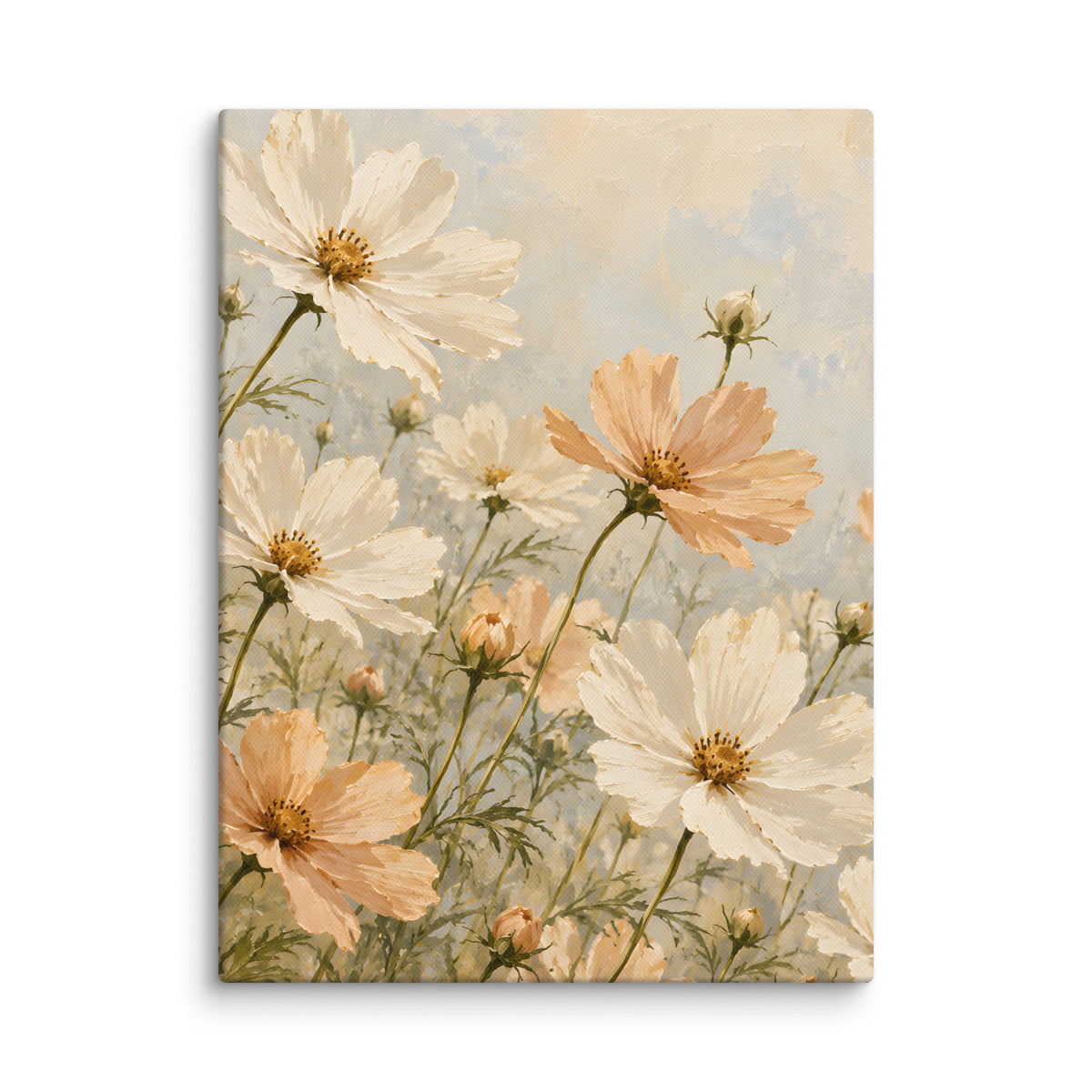Cosmos Whisper canvas print, 12 × 16 inches, depicting ivory and apricot cosmos flowers against a soft cream background.