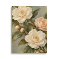 Camellia Light canvas print, 12 × 16 inches, depicting ivory and blush camellias with rich olive foliage.