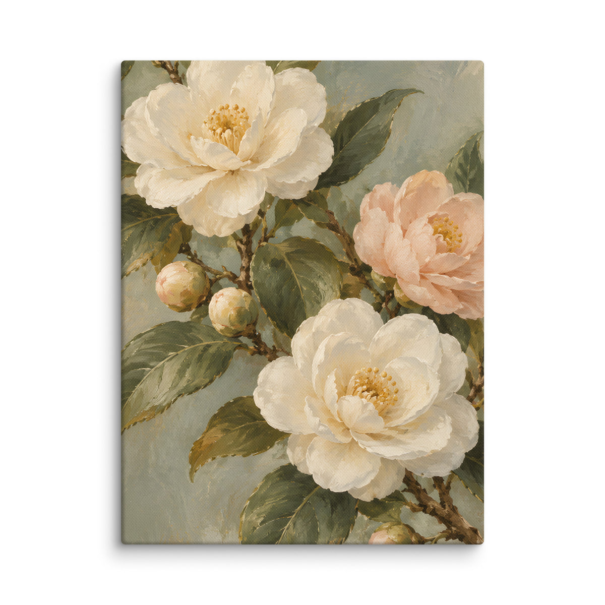 Camellia Light canvas print, 12 × 16 inches, depicting ivory and blush camellias with rich olive foliage.
